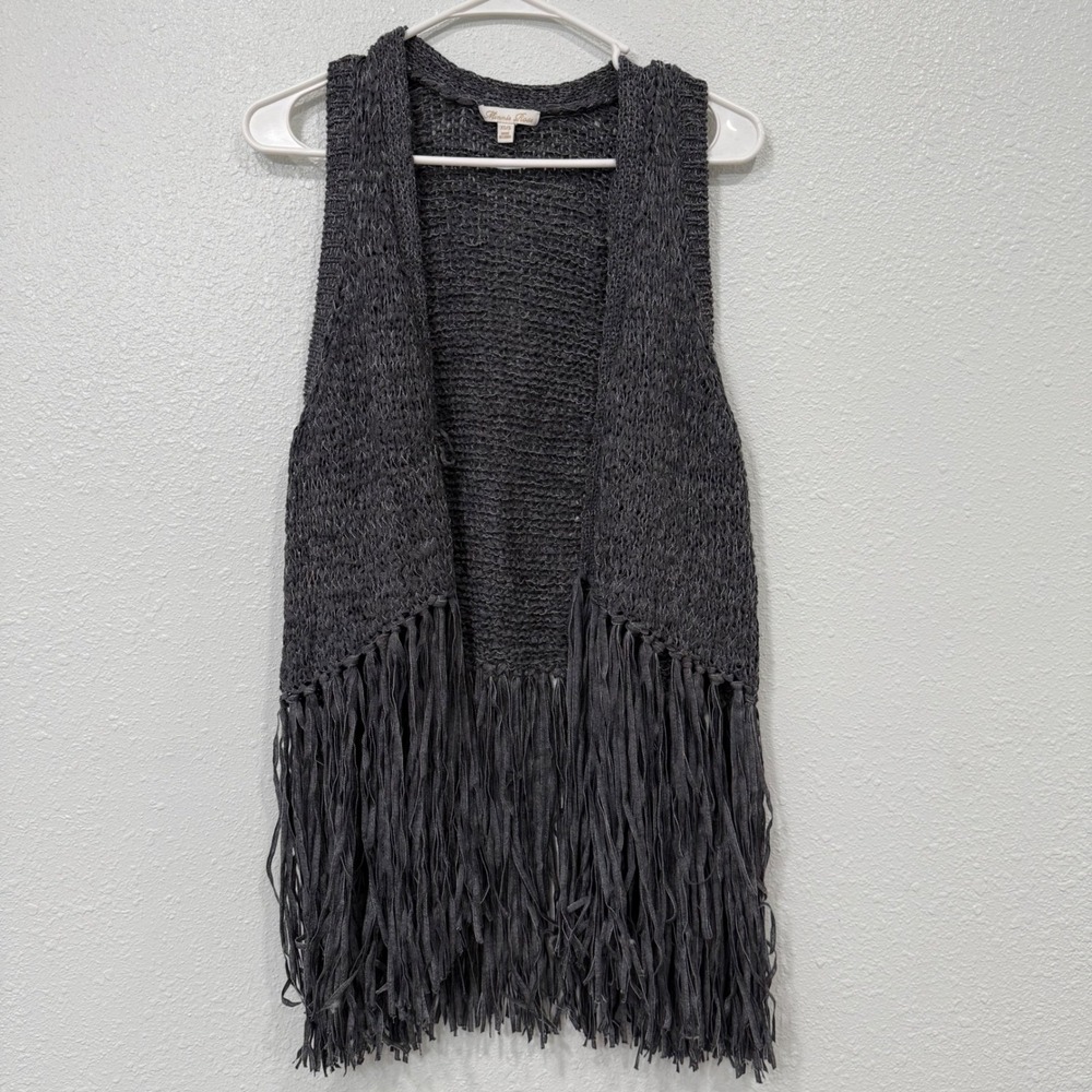 Minnie Rose Women's Gray Knit Fringe Long Vest Cardigan Sweater XS S